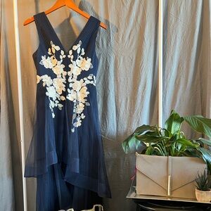 BCBG Navy Tulle Evening Gown with Ivory Floral Appliqué